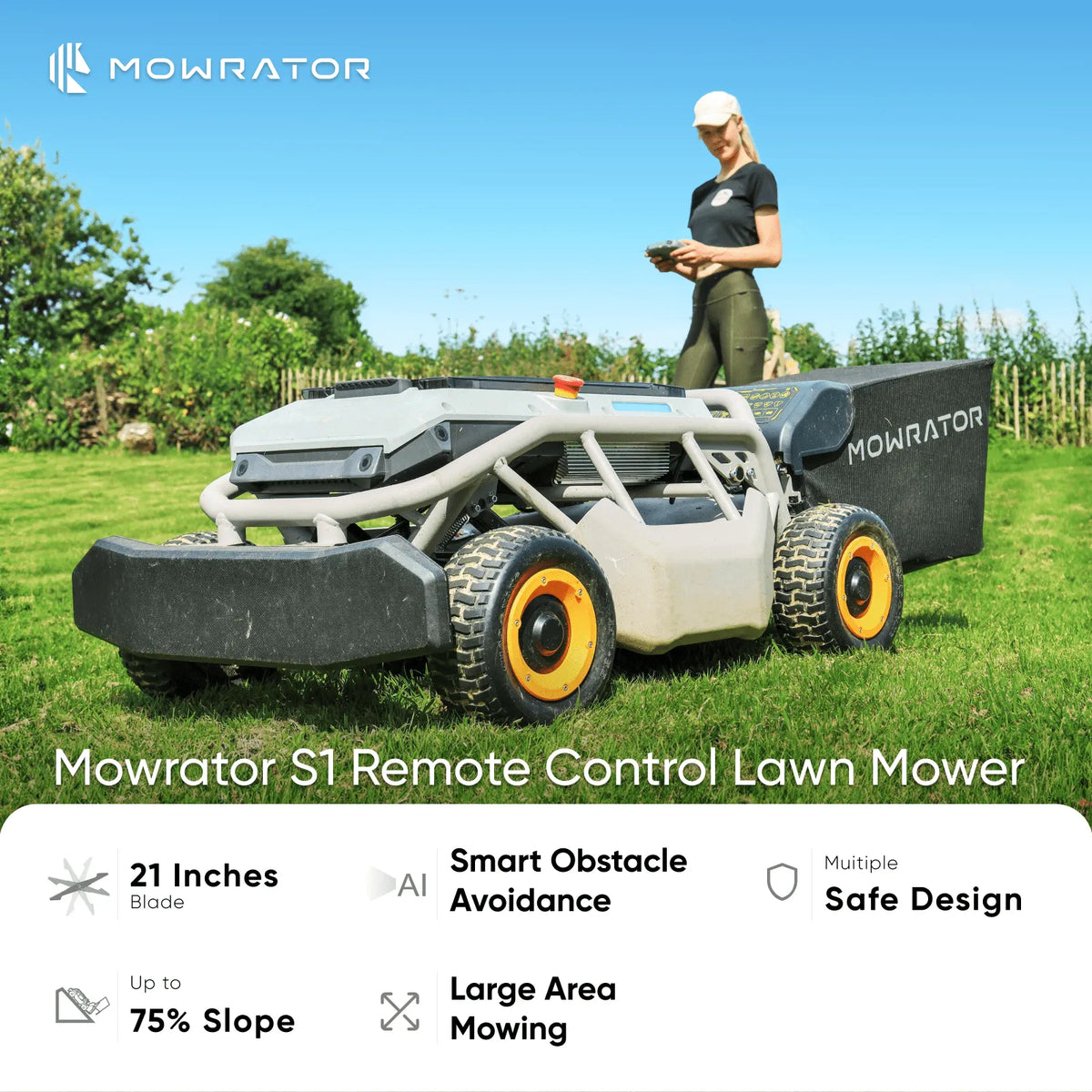 Mowrator S1 4WD 18Ah Remote Control Lawn Mower 21″ Mow, Vac and Plow Bundle
