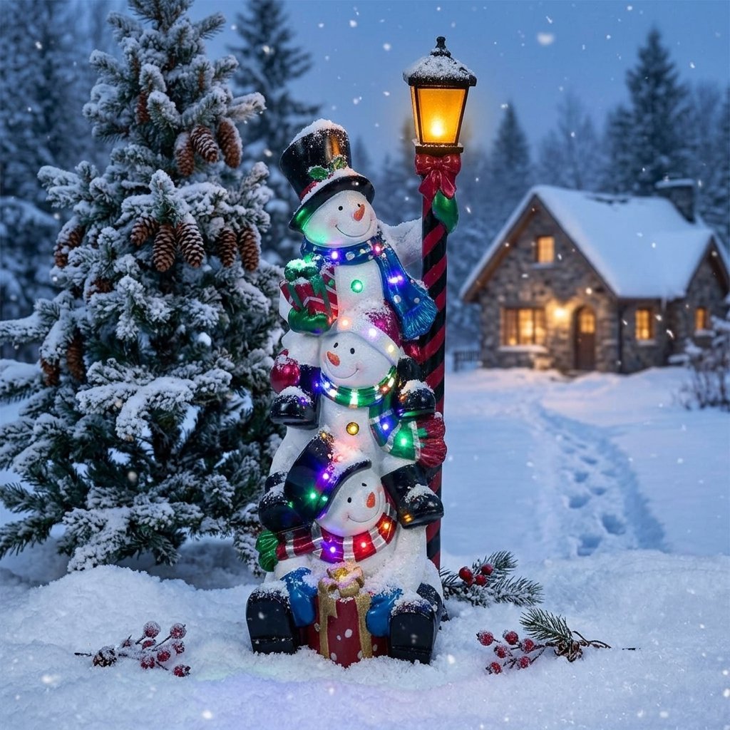 3 Stacked Snowmen on Lamppost Statue