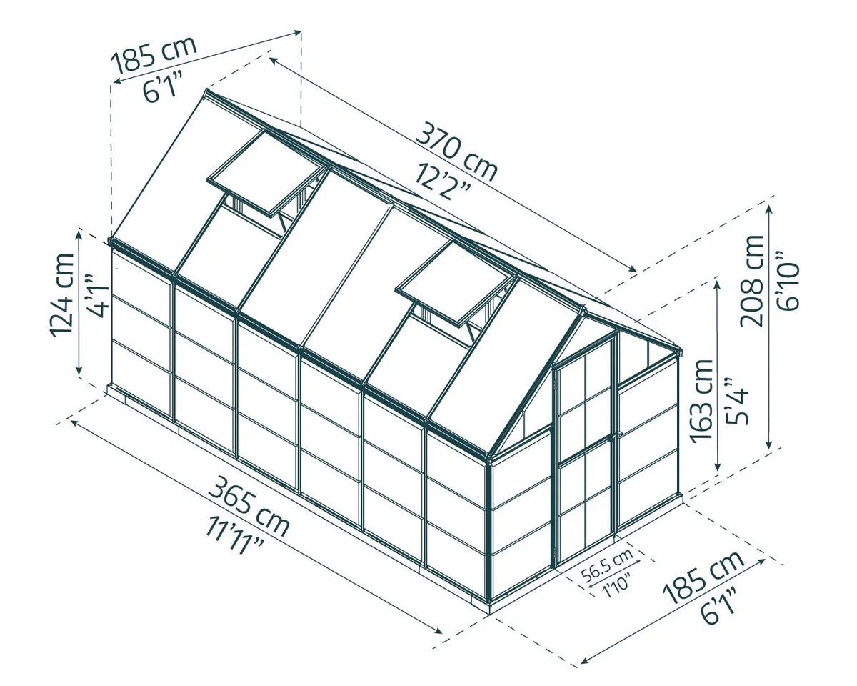Hybrid 6′ x 12′ Greenhouse – Green Aluminium Frame & Hybrid Polycarbonate Panels