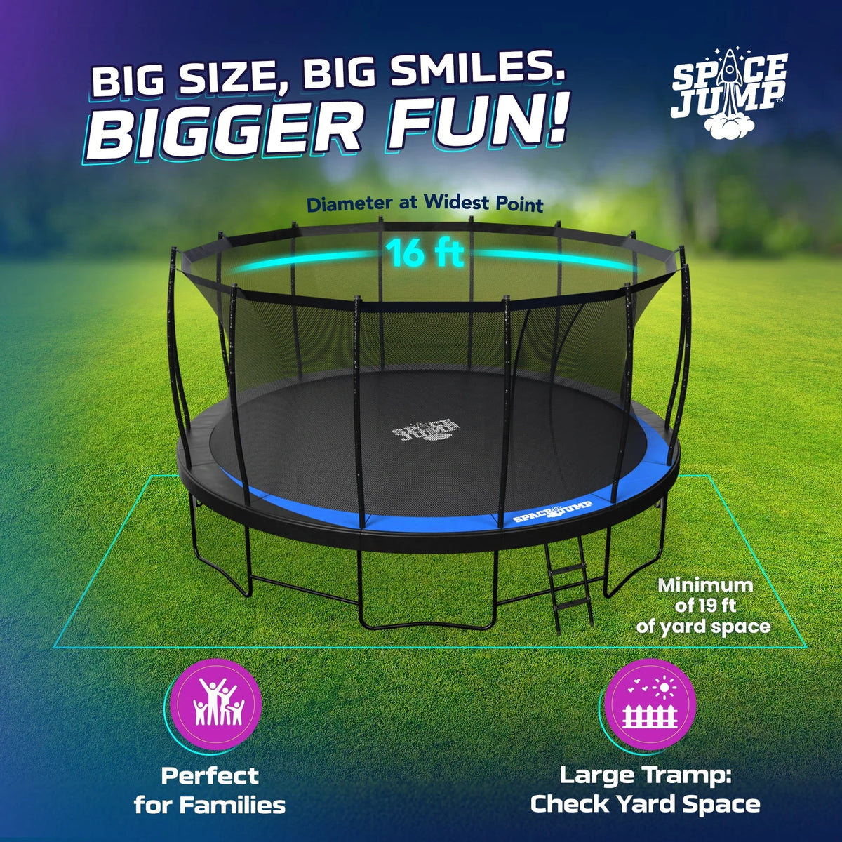 SpaceJump Lunar 16 Foot Trampoline, Outdoor Round Bouncer with Safety Net, Black