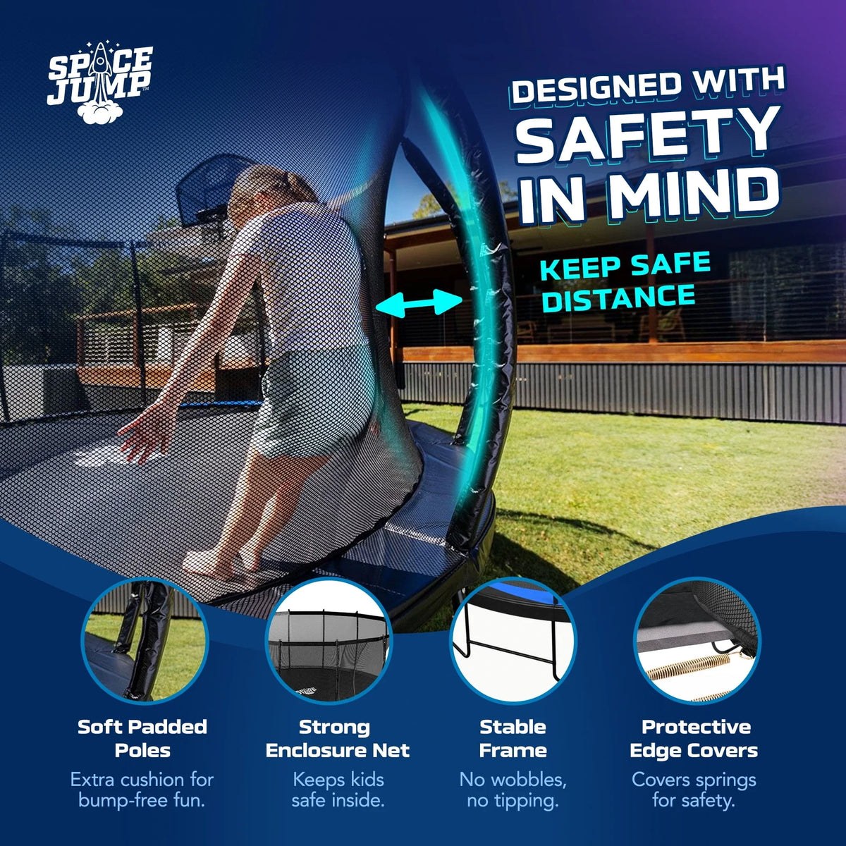 SpaceJump Lunar 16 Foot Trampoline, Outdoor Round Bouncer with Safety Net, Black