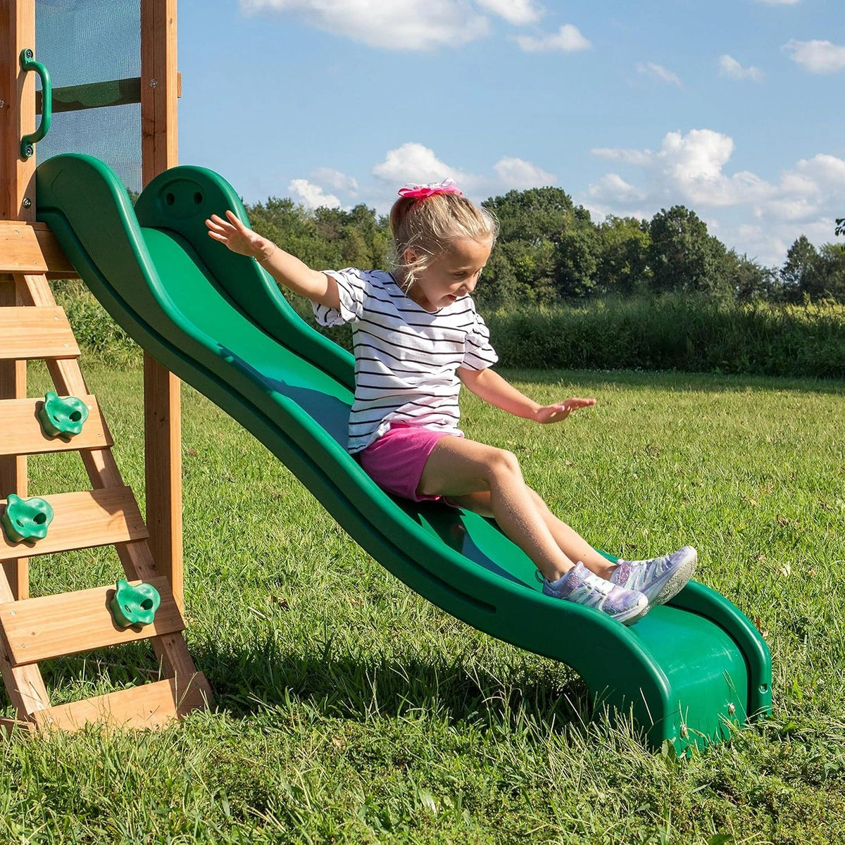 Backyard Discovery Buckley Hill Cedar Wood Swing Set with Wave Slide, Play Deck, Rock Wall Ladder, Belt Swings, Chalkboard, Canopy Roof, Outdoor Playset