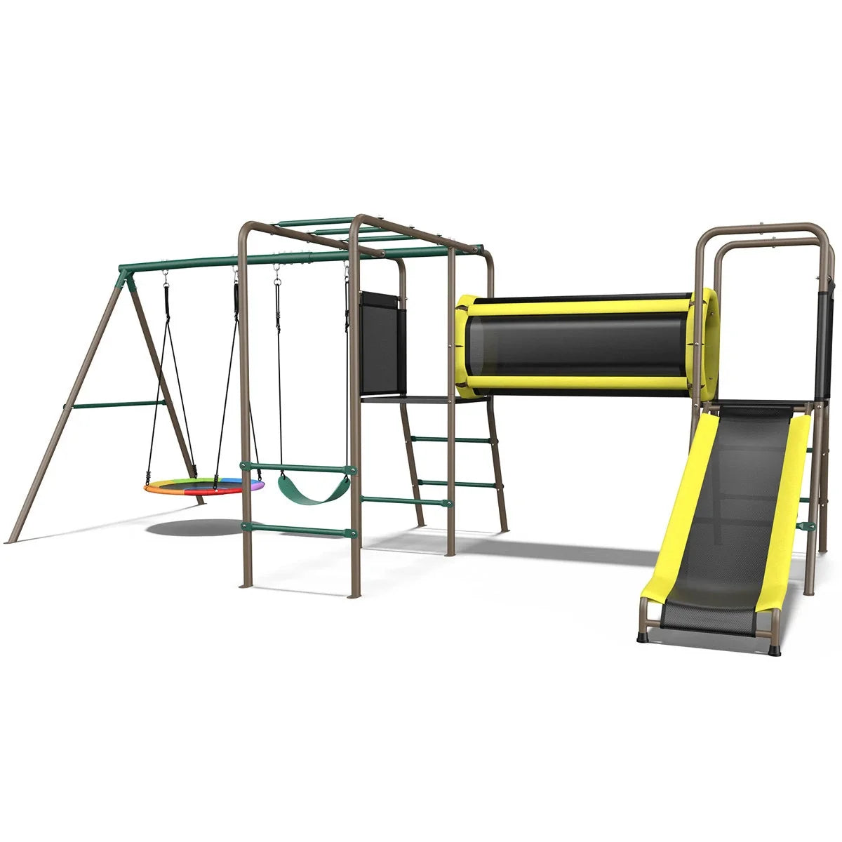 Klo Kick 6-in-1 Swing Set with Slide,Crawl Tunnel and Monkey Bars for Backyard, Playground for Kids Aged 3-12