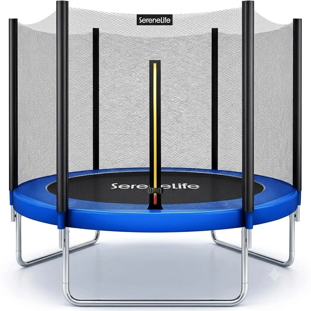 SereneLife 8FT 10FT 12FT 14FT Outdoor Trampoline for Kids – Recreational Backyard Trampoline with Curved Safety Poles and Net Enclosure- ASTM Approval for Kids Adults