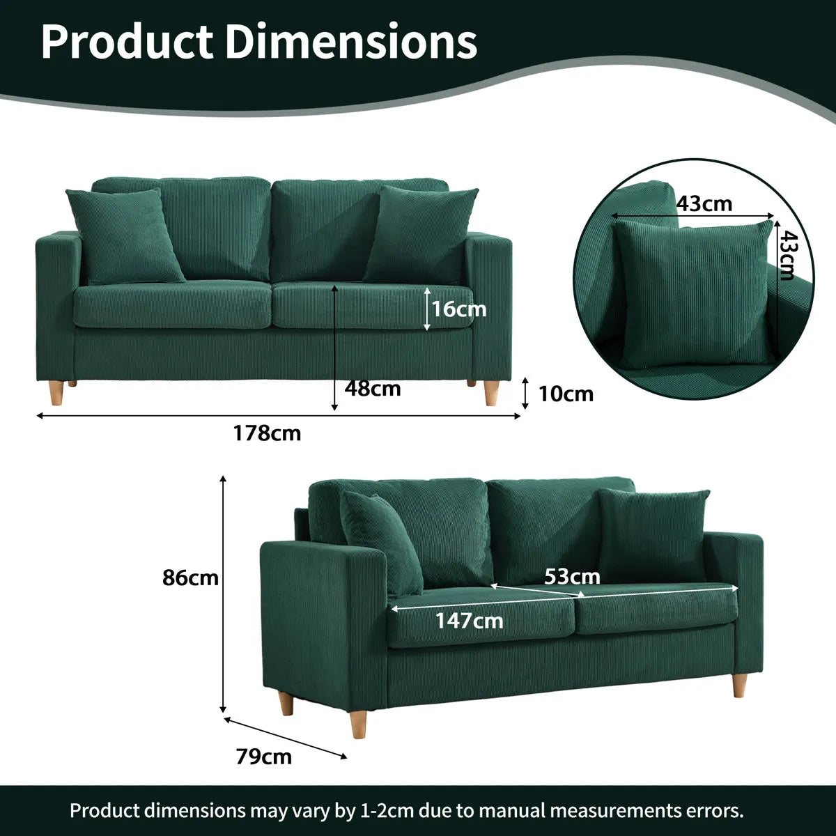 Corduroy Sofa with Square Armrests and 2 Throw Pillows (Set of 2)