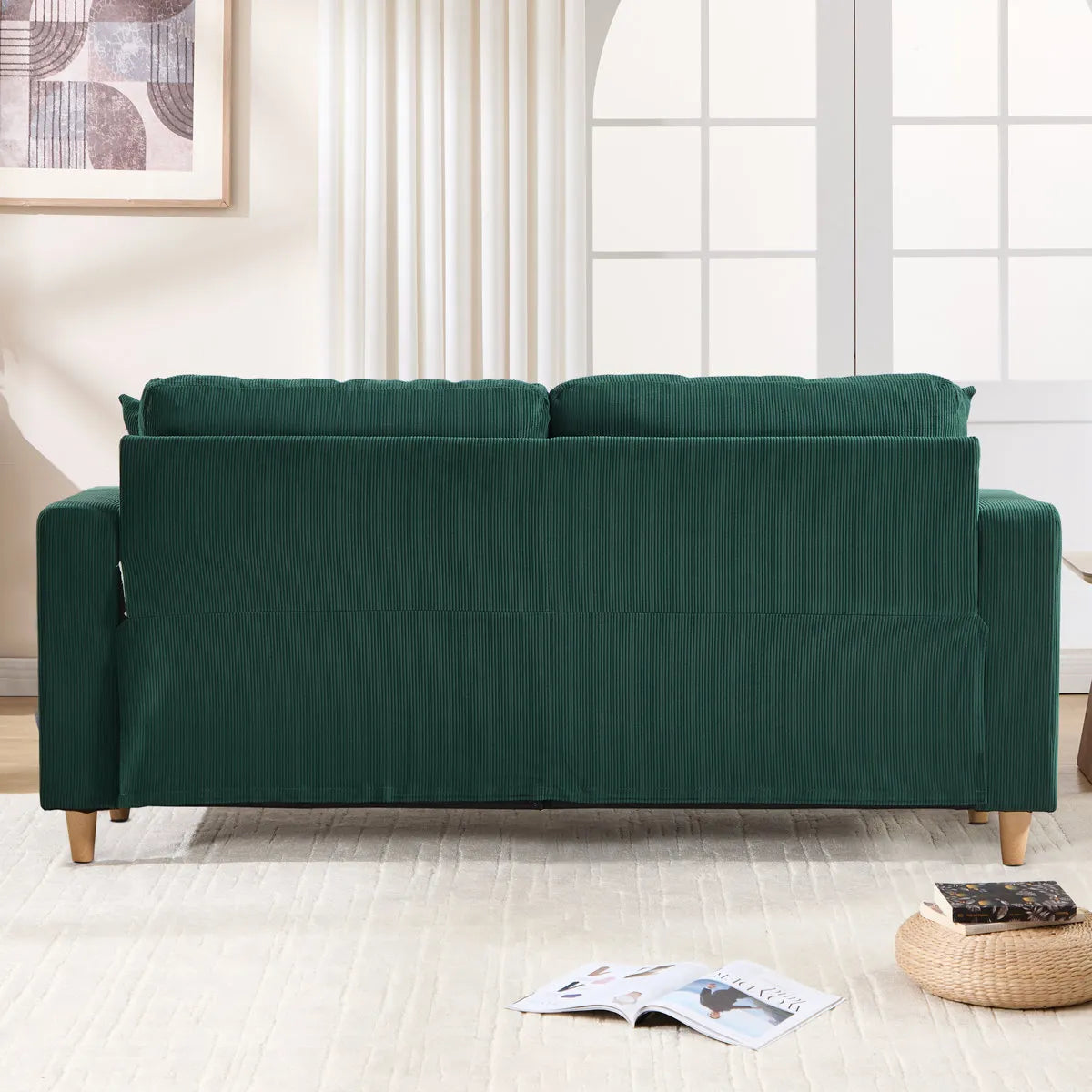 Corduroy Sofa with Square Armrests and 2 Throw Pillows (Set of 2)