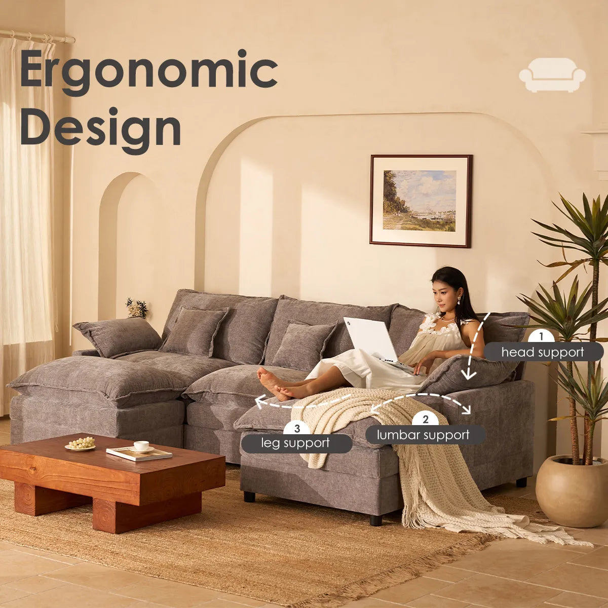 U-Shaped Modular Sectional Sofa, 274cm Cloud Deep Seat Sofa