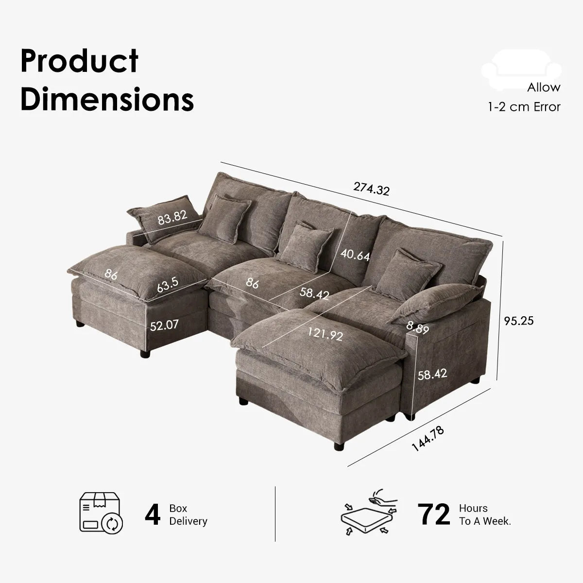U-Shaped Modular Sectional Sofa, 274cm Cloud Deep Seat Sofa