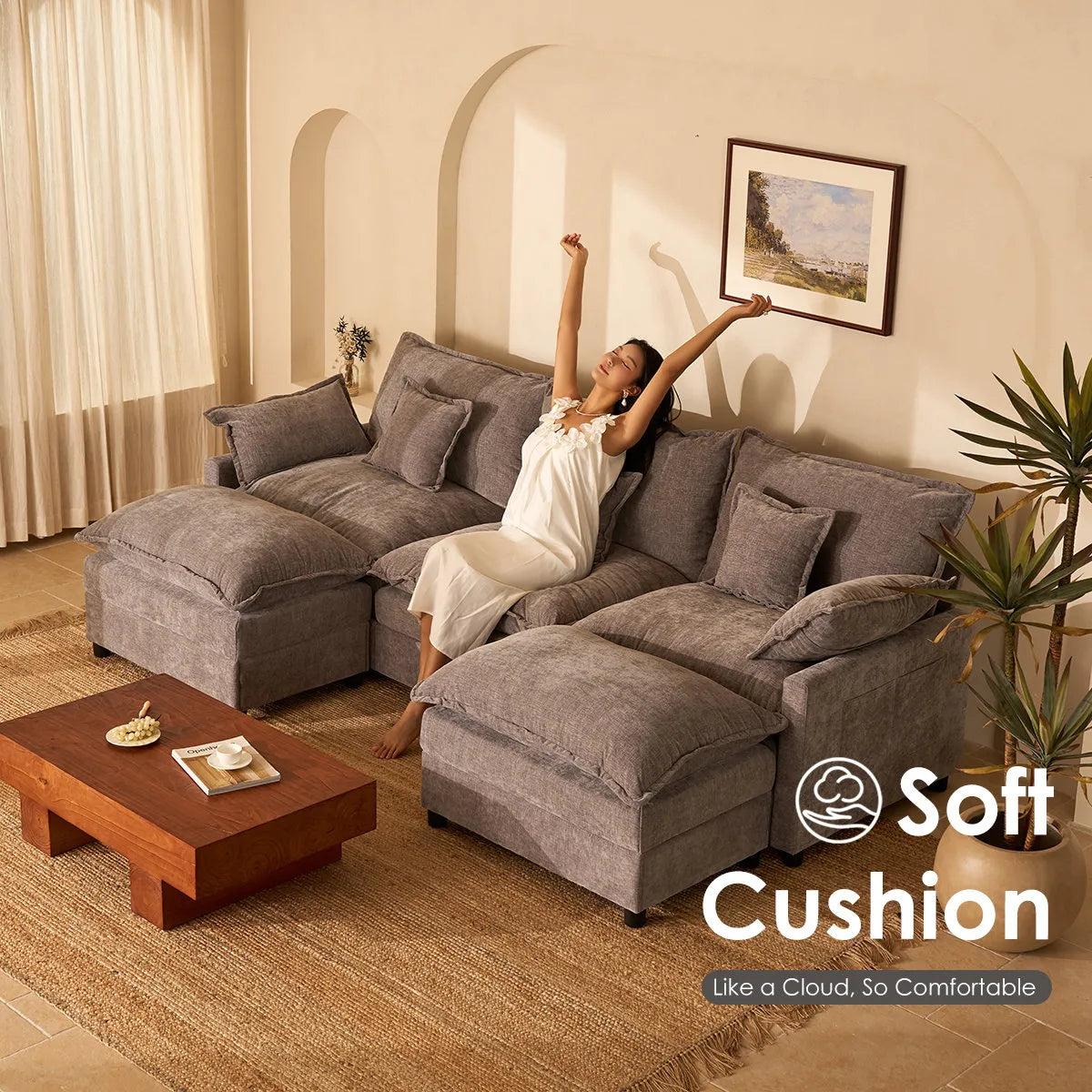 U-Shaped Modular Sectional Sofa, 274cm Cloud Deep Seat Sofa