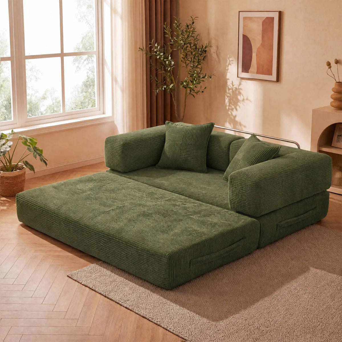 Convertible Sleeper Sofa With Removable Armrests, Corduroy Fabric Sofa Couch