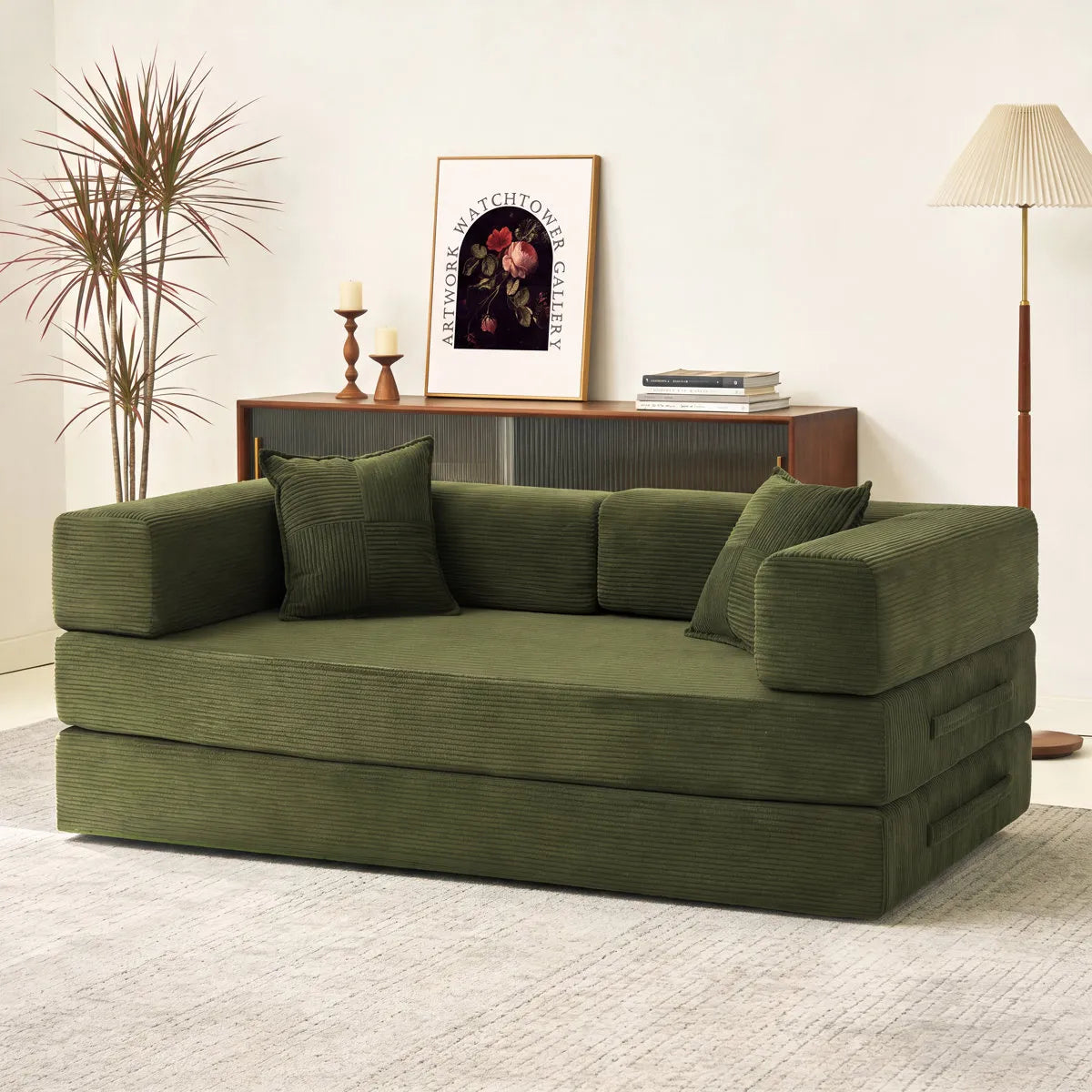 Convertible Sleeper Sofa With Removable Armrests, Corduroy Fabric Sofa Couch