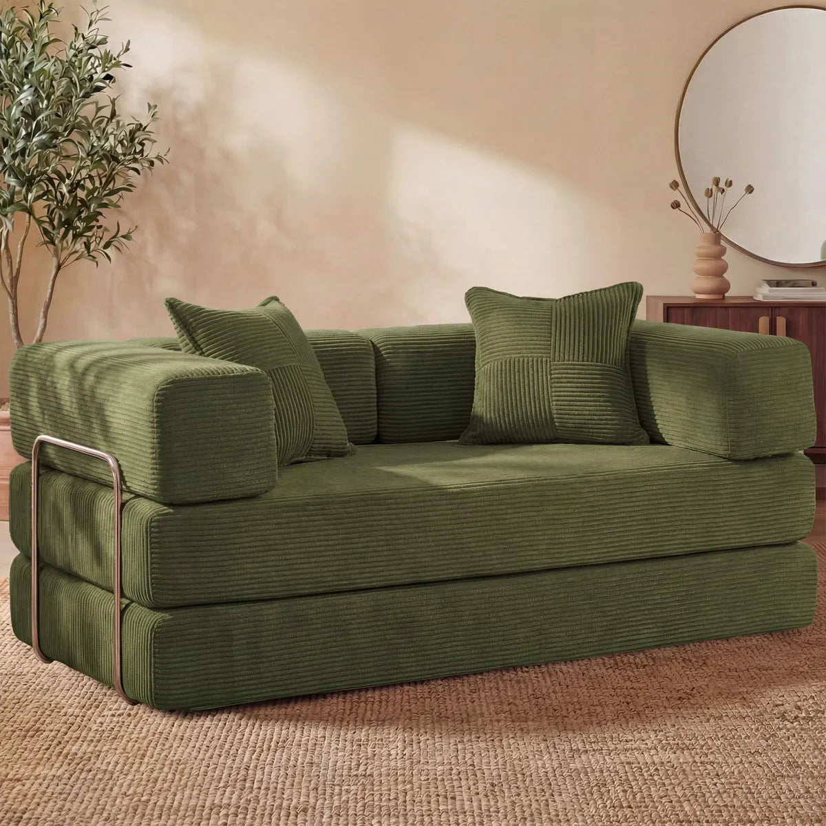 Convertible Sleeper Sofa With Removable Armrests, Corduroy Fabric Sofa Couch