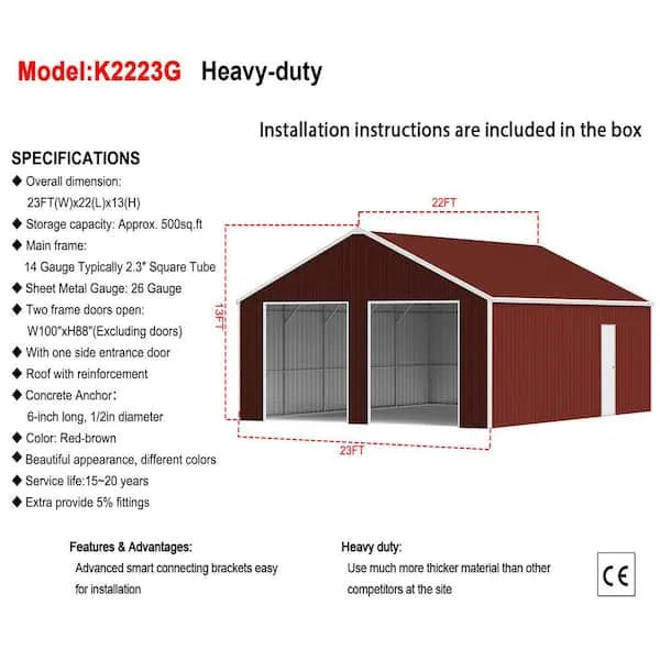 Noble House Tavish Outdoor 23 ft. W x 22 ft. D Reddish Brown Metal Garage Storage Shed with Dual Frame Doors