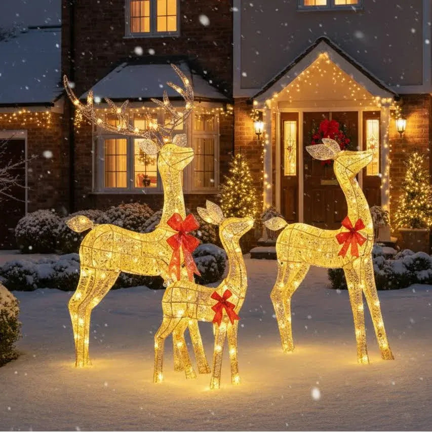 Premier Decorations Set of 3 Lit Gold Glitter Fabric Reindeer Family
