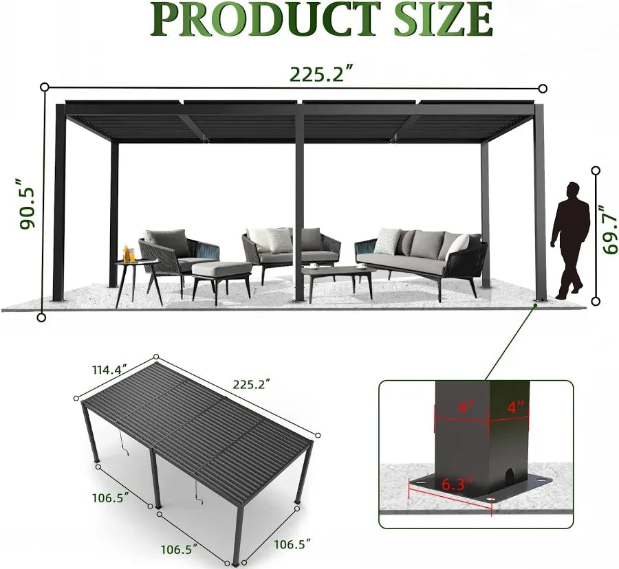 10x19ft Pergola with Aluminum Frame Adjustable Louvered Roof for Deck