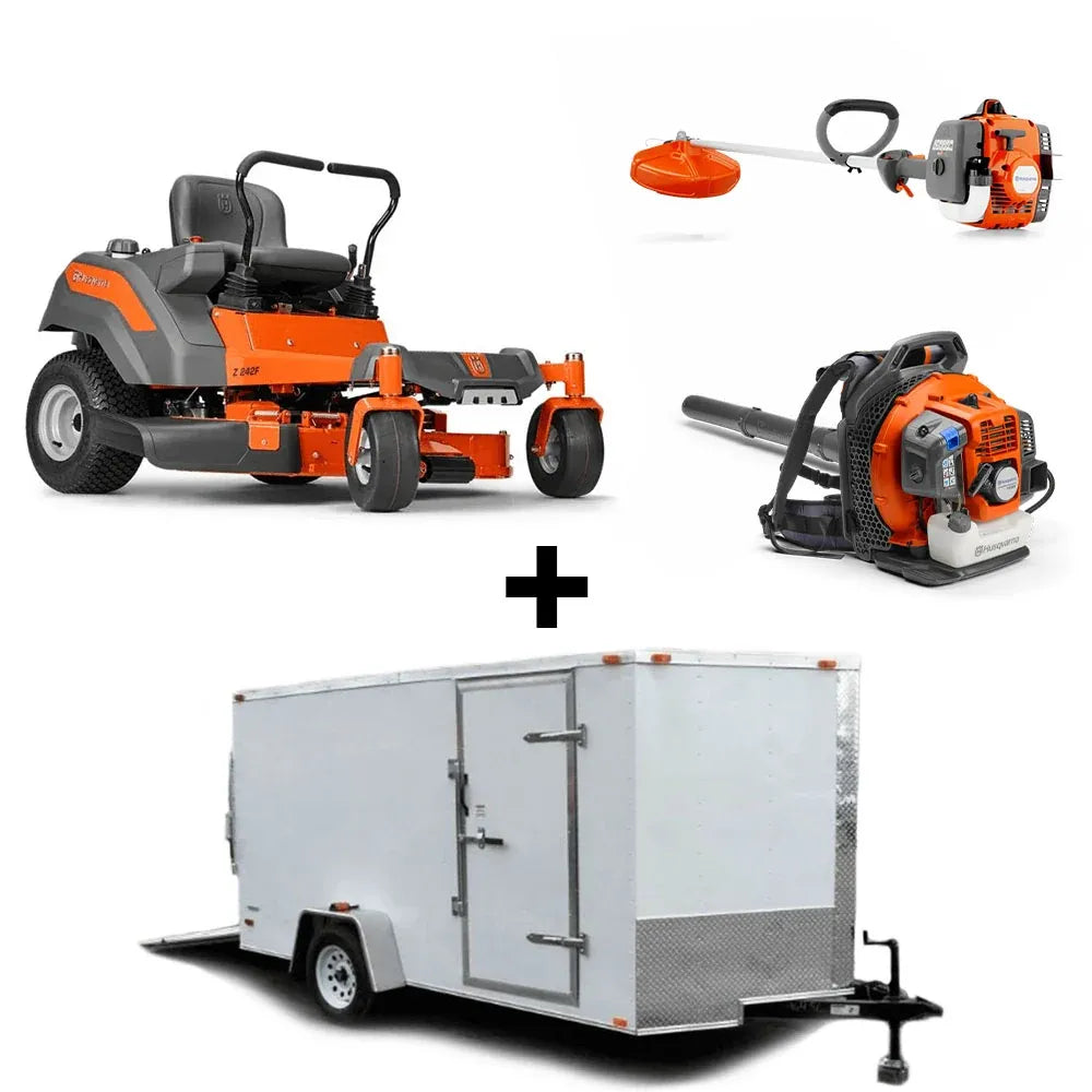 Husqvarna Z242F 21.5HP KAW Zero Turn Mower Encl Trailer Handheld Bundle